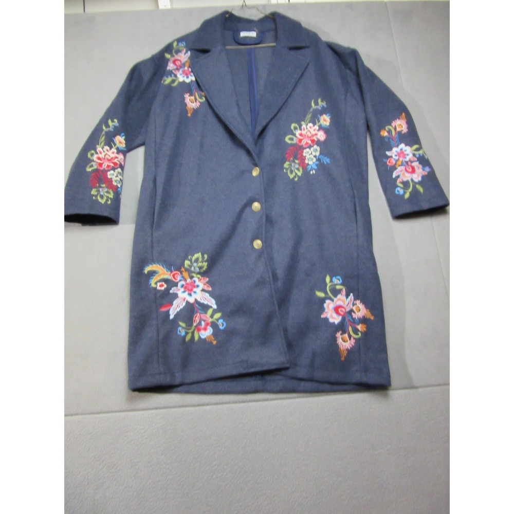 Trench Coat Jacket Women XL Blue Floral Vibrant Embroidered Longline Blazer